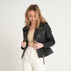 Women’s Gold Trim Leather Biker Jacket – Samie - Torque Leather