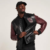 Men’s Real Leather Varsity Jacket in Black and Maroon - Torque Leather