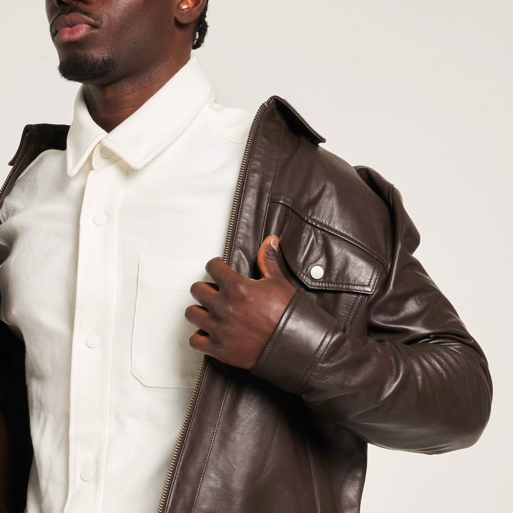 Men’s Brown Leather Patch-Pocket Harrington - Torque Leather