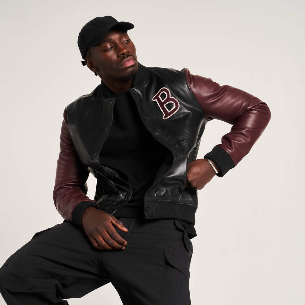 Men’s Real Leather Varsity Jacket in Black and Maroon - Torque Leather