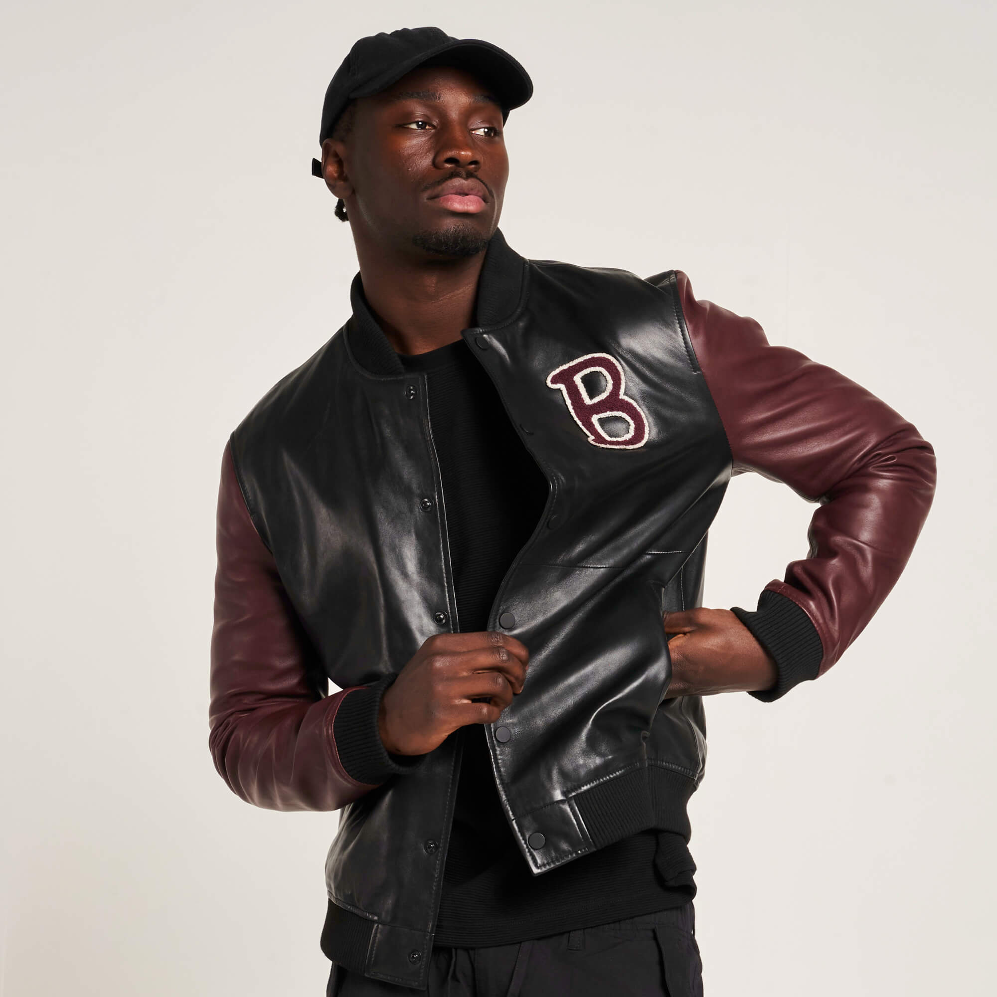 Men’s Real Leather Varsity Jacket in Black and Maroon - Torque Leather
