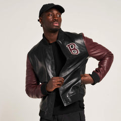 Men’s Real Leather Varsity Jacket in Black and Maroon - Torque Leather