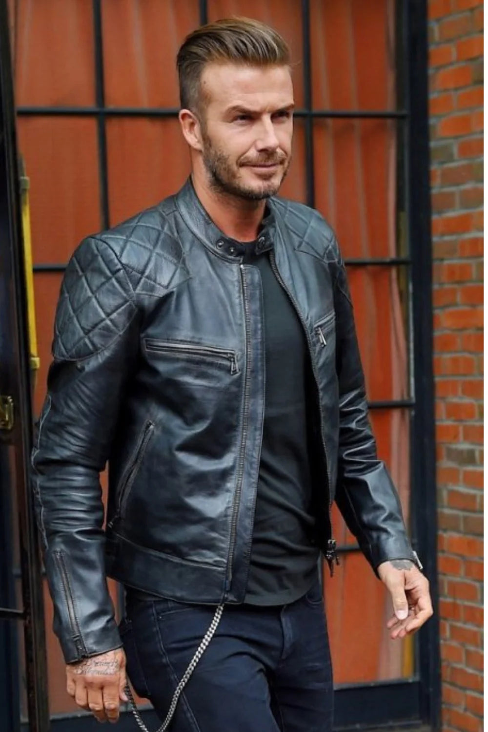 Mens Black Quilted David Beckham's Leather Biker Jacket - Torque Leather