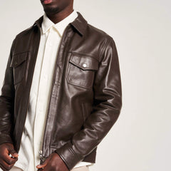 Men’s Brown Leather Patch-Pocket Harrington - Torque Leather